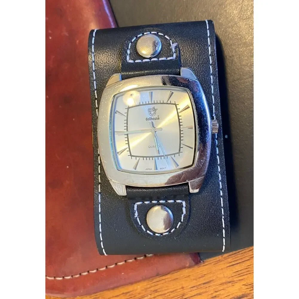 Silver Tone Dollhouse Quartz Watch with Wide Leather Strap